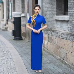 Women Evening Party Qipao Dress Chinese Mum Long Cheongsam Stage Catwalk Frocks | eBay Blue Fitted Cheongsam With Stand Collar, Traditional Fitted Blue Dress, Fitted Summer Dresses With Stand Collar, Traditional Fitted Dress With Stand Collar, Traditional Fitted Full-length Dress, Blue Fitted Cheongsam For Spring, Blue Fitted Spring Cheongsam, Spring Blue Fitted Cheongsam, Blue Fitted Long Dress