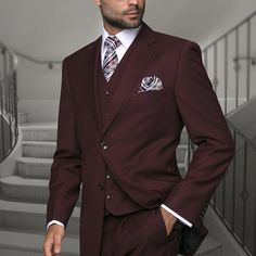 "This Vested Suit In Burgundy Will Have You Looking Like Ron Burgundy In Anchorman. It Features A Two Button Jacket, Matching Vest, And Flat Front Pants." Classic Burgundy Wedding Suit, Elegant Burgundy Sets For Formal Occasions, Classic Fitted Burgundy Suit, Formal Fitted Burgundy Set, Formal Burgundy Fitted Sets, Burgundy Fitted Suit For Semi-formal Occasions, Fitted Burgundy Suit For Business, Classic Burgundy Suit With Suit Collar, Classic Burgundy Suits With Suit Collar