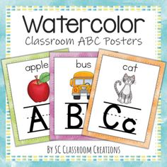 watercolor classroom abc posters with an apple, bus and cat