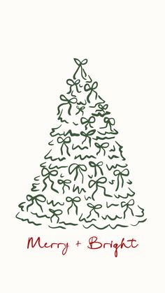 a merry and bright christmas tree with bows on it's top is drawn in green ink