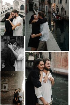 some people are hugging each other on the street and in front of water with buildings