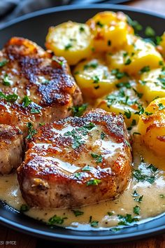 Garlic Butter Pork Chops with Cheesy Potato Bake Pork Chops With Scalloped Potatoes, Cheesy Potato Bake, Boneless Pork Chop Recipes, Pork Chops And Potatoes, Pork Recipes For Dinner, Meat And Potatoes, Easy Pork Chops, Pork Chop Dinner