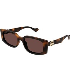 From Gucci&#x2C; these women's sunglasses feature:Tortoise acetate frameRectangle shapeSolid brown lensNot Rx ableNon-polarizedApprox. 55mm lens- 18mm bridge- 140mm templeImported. Chic Gucci Rectangular Sunglasses, Classic Gucci Tortoiseshell Sunglasses, Luxury Gucci Tortoiseshell Sunglasses, Gucci Rectangular Sunglasses With Gradient Lenses, Gucci Havana Sunglasses, Gucci Brown Polarized Sunglasses, Luxury Sleek Gucci Sunglasses, Gucci Brown Rectangular Sunglasses, Designer Brown Gucci Sunglasses