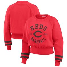 Add some vintage flair to your Cincinnati Reds game day look with this WEAR by Erin Andrews Vintage Washed Cropped Pullover Sweatshirt. The wide, rib-knit hem creates a flattering silhouette, while the distressed screen-printed Cincinnati Reds graphics across the front offer a vintage look that's totally on-trend. Plus, with its luxuriously soft cotton construction and midweight warmth, this crewneck sweatshirt is a comfortable choice for moderate temperatures. Cincinnati Reds Outfit Woman, Red 90s Style Sports Sweatshirt, Cincinnati Reds Sweatshirt, Retro Red Cotton Sweatshirt, Vintage Red Cotton Sweatshirt, Erin Andrews, Cropped Pullover, Cincinnati Reds, Pullover Sweatshirt