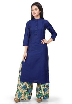 Readymade cotton silk kurta set in blue. This quarter sleeve attire is designed with bandhej work, floral print, pin tuck and buttons. Available with a beige art bhagalpuri silk printed palazzo. Length may vary upto 2 inches.  We sell all kinds of women's and ladies tops Casual Kurtas |Indian Tops |Gowns |Ladies Dresses |Indian Fashionable Tops |Indian topwear |Office wear |Holiday wear |Girls Tops |Teenager tops |Cotton Kurtis |Cotton kurtas |Chikankari Kurtis |Bagru pring kurtis |Handmade kurt Blue Cotton Silk Kurta For Navratri, Blue Cotton Silk Straight Kurta, Blue Cotton Silk Kurta For Festivals, Festive Indigo Cotton Traditional Wear, Blue Block Print Cotton Silk Kurta, Straight Cotton Silk Kurta With Bandhani Print, Blue Chanderi Kurta With Bandhani Print, Cotton Silk Bandhani Print Straight Kurta, Blue Cotton Kurta With Block Print