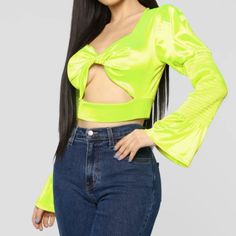 Long Sleeves Knot Front Detail Smocked Sleeve Detail Puff Shoulder Detail Cut Out Neon 95% Polyester 5% Spandex Green Ruched Top For Night Out, Smocked Sleeve, Women Crop Top, Silver Bullet, Fashion Nova Models, Fashion Nova Tops, Small Crop Tops, Cut Out Top, Fashion Nova Jeans