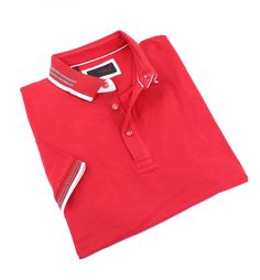 Eight-X | Designer Menswear | Red Polo With White And Gray Trim Red Cotton Tops With Casual Collar, Sporty Cotton Polo Shirt With Collared Neckline, Casual Polo Shirt With Johnny Collar And Contrast Trim, Red Short Sleeve Polo Shirt For Work, Casual Johnny Collar Top With Contrast Trim, Casual Tops With Johnny Collar And Contrast Trim, Sporty Red Collared Polo Shirt, Casual Polo Shirt With Contrast Trim, Casual Cotton Polo Shirt With Contrast Collar