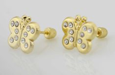 This Cute , Lovely 14K Butterfly with Stone Stud Post Earrings are made from high-quality 14K Gold and its the perfect gift for Little Girl or anyone of any age and excellent for everyday wear. Item Specifications: Metal Type: 14K Gold ShapeButterfly with CZs Fastening: Screw Back Style: Stud Post Height:8mm (approx. 1/3 inch) Width:10mm (approx. 3/8 inch) Earrings Puff Pad size:1 inch x 1 inch (25mm x 25mm) The screw backs are really good for kids and adults because its hard to lose the earring Gold Cubic Zirconia Plug Earrings As Gift, Gift Diamond Earrings With Screw Back And Cubic Zirconia, Gold Screw Back Diamond Earrings For Gift, Gold Diamond Screw Back Earrings For Gift, Gold Diamond Earrings Hypoallergenic, Cubic Zirconia Screw Back Jewelry For Gifts, Gold Diamond Hypoallergenic Earrings, Gift Gold Diamond Earrings With Screw Back, Gold Diamond Earrings With Screw Back As Gift