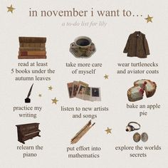 a poster with words and pictures on it that say in november i want to read