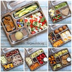 four pictures show different compartments in a lunch box filled with fruit and veggies