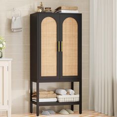 a tall cabinet with wicker doors in a bathroom