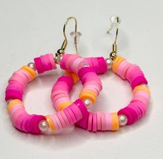 30 mm handmade hoop clay bead earrings. Trendy Pink Hoop Earrings With Round Beads, Gift Heishi Beads Round Hoop Earrings, Gift Round Heishi Beads Hoop Earrings, Handmade Heishi Beads Earrings, Everyday Colorful Beads Polymer Clay Jewelry, Round Hoop Earrings With Large Beads, Round Heishi Beads Earrings Gift, Round Hoop Earrings With Large Beads For Gifts, Gift Hoop Earrings With Large Beads