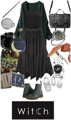 Imbolc Outfit Inspiration, Coven Inspired Outfits, Elphaba Outfit Ideas, Green Witch Style, Crystal Witch Aesthetic Outfit, Witch Winter Outfits, Eclectic Witch Outfit, Witchy Plus Size Outfits, Garden Witch Outfit