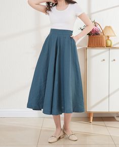 "Linen skirt with  side pockets. It is ideal for daily wear, party, travel, work, school, indoors and outdoor walks, spending time with family, shopping, etc.The dress is exceptionally comfortable and soft. DETAIL - 100% linen, soft washed - Medium weight linen - Two side seam pockets - No lining, Don't see through - A larger skirt that looks nice when twirling, great to dance Choose CUSTOM Order if you * Need a better fit * Can't find your size in our size Chart * Change the Style * Chang the L Solid Color Dress With Flowy Flared Skirt, Solid Color Long Summer Dress, Flowy Skirt Dress In Solid Color, Summer Flared Skirt Dress In Solid Color, Summer Dresses In Solid Color With Flared Skirt, Solid Color Summer Dress With Flared Skirt, Summer Dresses With Solid Color And Flared Skirt, Summer Full Skirt Dress In Solid Color, Summer Dresses With Full Skirt In Solid Color