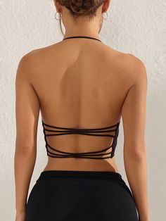 Crisscross Strap Backless Racerback Sports Crop Top Black   Sleeveless Fabric Plain  High Stretch  Women Activewear, size features are:Bust: ,Length: ,Sleeve Length: Athleisure Sports Bra With Multiple Straps, Athleisure Sports Bra With Multiple Straps For Gym, Athleisure Sports Bra With Multiple Stretch Straps, Athleisure Sports Bra With Multiple Straps For Workout, Athleisure Sports Bra With Multiple Straps For Yoga, Stretch Sleeveless Cross-tied Halter Top, Racerback Halter Top With Built-in Bra And High Stretch, Stretch Sports Bra With Multiple Straps And Cross Back, Sporty Sleeveless Halter Top With Built-in Bra