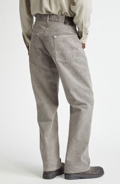 Crafted of heavyweight Japanese canvas with a special wash that offers a unique look, these five-pocket pants feature a relaxed wide-leg fit. Zip fly with button closure Five-pocket style 100% cotton Dry clean Made in Portugal Designer Clothing Relaxed Fit Cotton Work Pants With Button Closure, Cotton Relaxed Fit Work Pants With Five Pockets, Relaxed Fit Cotton Work Pants With Five Pockets, Relaxed Fit Wide Leg Cargo Pants With Button Closure, Wide Leg Straight Fit Cotton Bottoms, Cotton Work Pants With Straight Hem And Five Pockets, Utility Cotton Jeans With Straight Leg, Utility Straight Leg Cotton Jeans, Cotton Cargo Pants With Straight Hem