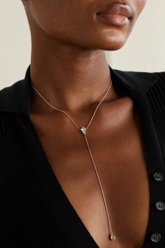 Perfect for wearing with plunging necklines, Diane Kordas' lariat necklace is punctuated by a kite-cut diamond and a pear-cut one that's suspended from the dainty chain. It's cast from 18-karat white gold that means the F-G diamonds look extra sparkly. Fine Jewelry Diamond Lariat Drop Necklace, White Gold Diamond Cut Lariat Necklace, White Gold Lariat Necklace With Diamond Cut, Diamond Drop Lariat Necklace For Formal Occasions, Diamond Cut Lariat Jewelry In Diamond, Diamond Lariat Drop Necklace With Accents, Diamond Lariat Drop Necklace With Diamond Accents, Diamond Lariat Necklace With Diamond Cut, Formal Diamond Cut Lariat Necklace