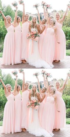 the bride and her bridal party are posing for pictures in their pink gowns