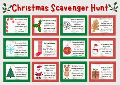 a christmas scavenger hunt is shown in red, green and white with pictures of santa