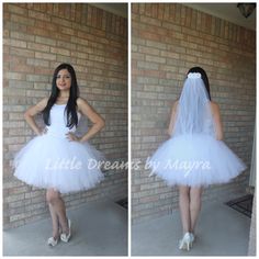 two pictures of a woman wearing a white dress and veil, standing in front of a brick wall