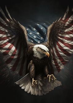 an eagle with the american flag painted on it's back and wings spread out