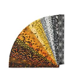 four pieces of fabric with different colors and patterns on them, including black, yellow, orange