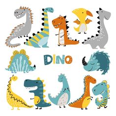 dinosaurs in different colors and sizes with the words dino