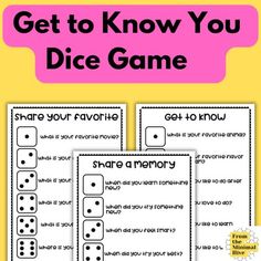 three dice game cards with the words, get to know you dice game and an image of