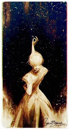 a woman in a white dress with her hand up to the sky and stars behind her