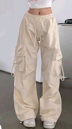 Parachute Pants Wide Leg Baggy Pants Y2K Elastic Waist Jogger Sweatpants Track Pants Streetwear Pakaian Hipster, Hip Hop Trousers, Y2k Cargo Pants, Celana Fashion, Baggy Sweatpants, Big Pockets, Style Cargo, Cargo Pants Women, Casual Trousers