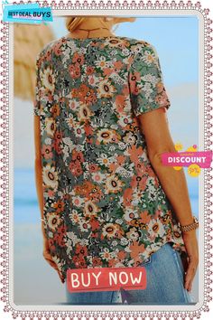 Holiday Gradient Flower Half Open Button Loose Pleated Top T-shirt V-neck T-shirt With Button Closure For Summer, Summer V-neck T-shirt With Button Closure, Vacation Floral Print V-neck T-shirt, Spring Short Sleeve Button T-shirt, Spring Short Sleeve T-shirt With Buttons, Spring Short Sleeve Buttoned T-shirt, Casual Button T-shirt For Spring, Summer Crew Neck Blouse With Button Closure, Summer V-neck T-shirt With Buttons