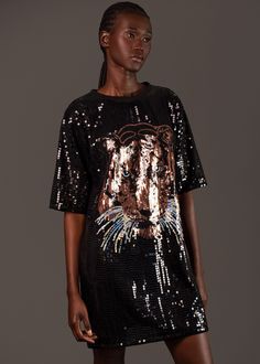 Tiger Head Sequin Tee - Kate Hewko Stretch Sequin Crew Neck Top, Fitted Crew Neck T-shirt With Sequins, Fitted Sequin Crew Neck T-shirt, Fitted Graphic T-shirt For Night Out, Black Crew Neck Top With Sequins, Fitted Crew Neck Top With Sequins, Black Sequined Crew Neck Top, Relaxed Fit Tops For Night Out In Fall, Party Tops With Graphic Print And Stretch Fit