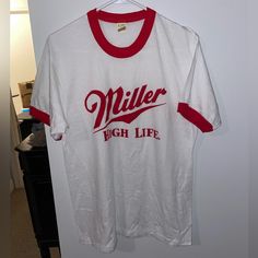 Make An Offer Or Bundle! Vintage White Shirt With Text Print, Vintage Red Shirt With Letter Print, Retro Pre-shrunk Red Shirt, Retro White Cotton Shirt, White Retro Cotton Shirt, White Cotton Retro Shirt, Vintage White Shirt With Letter Print, Retro White Shirt With Letter Print, Miller High Life