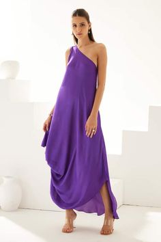 Purple one-shoulder draped maxi dress in modal base. - Aza Fashions Draped Midi Dress, Midi Dress For Women, Drape Maxi Dress, Draped Midi Dresses, Fashion App, Dress For Women, Aza Fashion, One Shoulder, Midi Dress