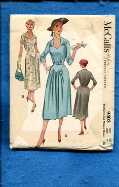 a woman's dress and jacket pattern from the 1950's, on a blue background