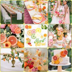 a collage of photos with oranges, flowers and other things in them for a wedding