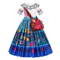 a women's dress with colorful flowers on it and a handbag in the front