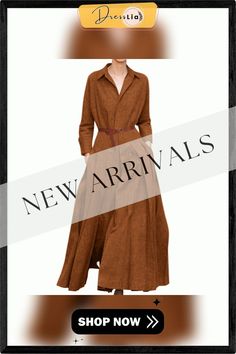 Women Belt Pleated Plain Long Maxi Dress Loose Long Big Swing Dress Plus Size Fall A-line Belted Shirt Dress, Beige A-line Maxi Dress For Fall, Formal Beige Maxi Dress For Fall, Brown Long Sleeve Shirt Dress For Spring, Brown Long Sleeve Shirt Dress For Fall, Brown Long Sleeve Shirt Dress For Work, Fall Shift Midi Length Shirt Dress, Fall A-line Office Dresses, Fall Office A-line Dresses