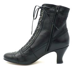 Mid-ankle Edwardian lace up boot with Louis heel, features faux laces and a side zip for easy entry. Leather uppers and leather sole Whole and half sizes, 5 ½-11 Runs a bit narrow in the toe, size up. 2 ⅝” heel Imported Elegant Lace-up Boots With Rubber Heel Cap, Formal Boots With Lace-up Fastening And Round Toe, Formal Boots With Front Lace-up And Round Toe, Formal Round Toe Lace-up Boots, Medium Width Lace-up Boots With Reinforced Heel, Fall Leather Sole Lace-up Boots Medium Width, Lace-up Boots With Reinforced Heel And Medium Width, Fall Almond Toe Lace-up Boots With Leather Sole, Fall High-top Heeled Boots With Leather Sole