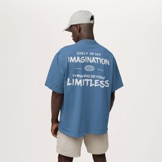 "Unlock the epitome of creativity with our \"Imagination\" graffiti-style typography design. This t-shirt combines simplicity and fashion seamlessly, presenting a bold and minimalist aesthetic that sets it apart. Elevate your style with this unique piece, a testament to the perfect blend of artistry and fashion-forward design. 🌟 All designs are 100% created by us! 🌟 🛒 How to Order 1) View are colour and size charts before you place your order 2) Select your \"SIZE\" and \"COLOUR\" These are o Blue Relaxed Fit T-shirt With Graffiti Print, Blue Graphic Design Shirt For Streetwear, Graphic Design Shirt With Relaxed Fit For Streetwear, Relaxed Fit Graphic Shirt For Streetwear, Streetwear Graphic Tee Shirt With Slogan, Blue Graffiti Print Top With Relaxed Fit, Relaxed Fit Letter Print Streetwear Shirt, Urban Cotton Shirt With Graffiti Print, Relaxed Fit Letter Print Shirt For Streetwear