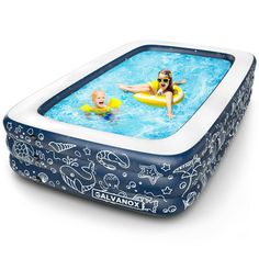 an inflatable swimming pool with two people floating on it and one person wearing sunglasses