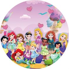 the disney princesses are standing in front of a castle with lots of hearts on it