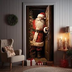 a santa clause is coming out of the door