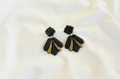 black gold earrings Black Enamel Drop Earrings For Party, Black Art Deco Earrings For Evening, Elegant Black Single Earring, Elegant Single Black Earring, Black Drop Clip-on Earrings For Party, Black Single Plug Earring For Party, Handmade Drop Clip-on Earrings For Party, Handmade Gold Earrings For Evening, Black Dangle Plug Earrings For Gift