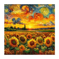 a painting of sunflowers in a field at sunset