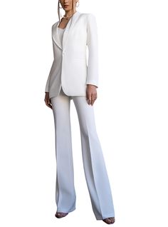 Please, pay special attention to waist measurements, as the pants are high waisted, the for will be perfect only for the recommended measurements below 2-piece Womens Blazer Trouser Suit for office, business meetings, formal events and special occasions. Also perfectly combines with sneakers so after a long and tiring business day you can change you heels to sneakers and still look chic. DETAILS -  flared pants -  inseam 37,4 inches or 95 cm -  slim fit   -  high rise -  blazer is buttoned -  li Classic Pants For Spring Wedding, Classic Spring Wedding Pants, Fitted Full-length Evening Sets, Elegant Fitted High-waisted Pants Set, Tailored Bottoms For Spring Wedding, Elegant Dress Pants For Wedding, Tailored Wedding Bottoms For Spring, Elegant Full-length Dress Pants For Wedding, Elegant Fitted White Dress Pants