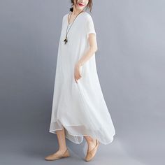 Sku CY-!118942 Material Cotton-blend Style Loose Feature Solid Color Neckline V-neck Occasion Going out , Casual , Vintage Seasons Spring, Summer, Autumn Type Midi Dress Color White, Black, Yellow Size M, L, XL, XXL Size Chart: Please consult the size chart we provide for this item's measurements to help you decide which size to buy. Please note: There may be 1-3cm differ due to manual measurement. CM Bust Shoulder Sleeve Length M 112 40 15 114 L 116 41 16 115 XL 120 42 17 116 XXL 124 43 18 117 Casual White V-neck Summer Dress, White V-neck Maxi Dress For Summer, Casual White V-neck Midi Dress, White V-neck Maxi Dress For Spring, Casual White Short Sleeve V-neck Dress, Casual White V-neck Dress For Summer, White V-neck Shift Midi Dress, Casual White V-neck Dress For Beach, White Maxi Length V-neck Dress For Spring