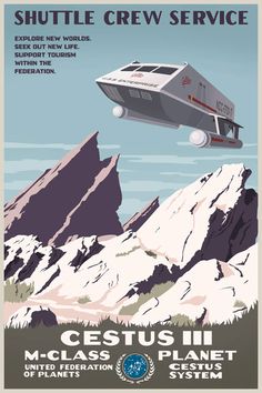 an old poster shows a space shuttle flying over the mountain range with mountains in the background