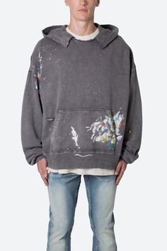 Destroyed Painter Hoodie - Charcoal Grey | mnml | shop now Diesel Hoodie, Tessa Bailey, Frayed Denim Jacket, Hoodie Outfit Men, Layered Hoodie, Paint Splatters, Hoodie Outfit, Heritage Collection, Denim Flares