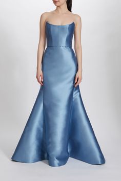 Mikado pointed bodice fit-to-flare gown. Styled with matching cocoon - P366M. Shown in Smokey Blue. Tool Dress, Amsale Wedding Dress, Amsale Bridesmaid Dresses, Amsale Dress, Peplum Gown, Smoky Blue, Flare Gown, Thai Silk, Blue Wedding Dresses